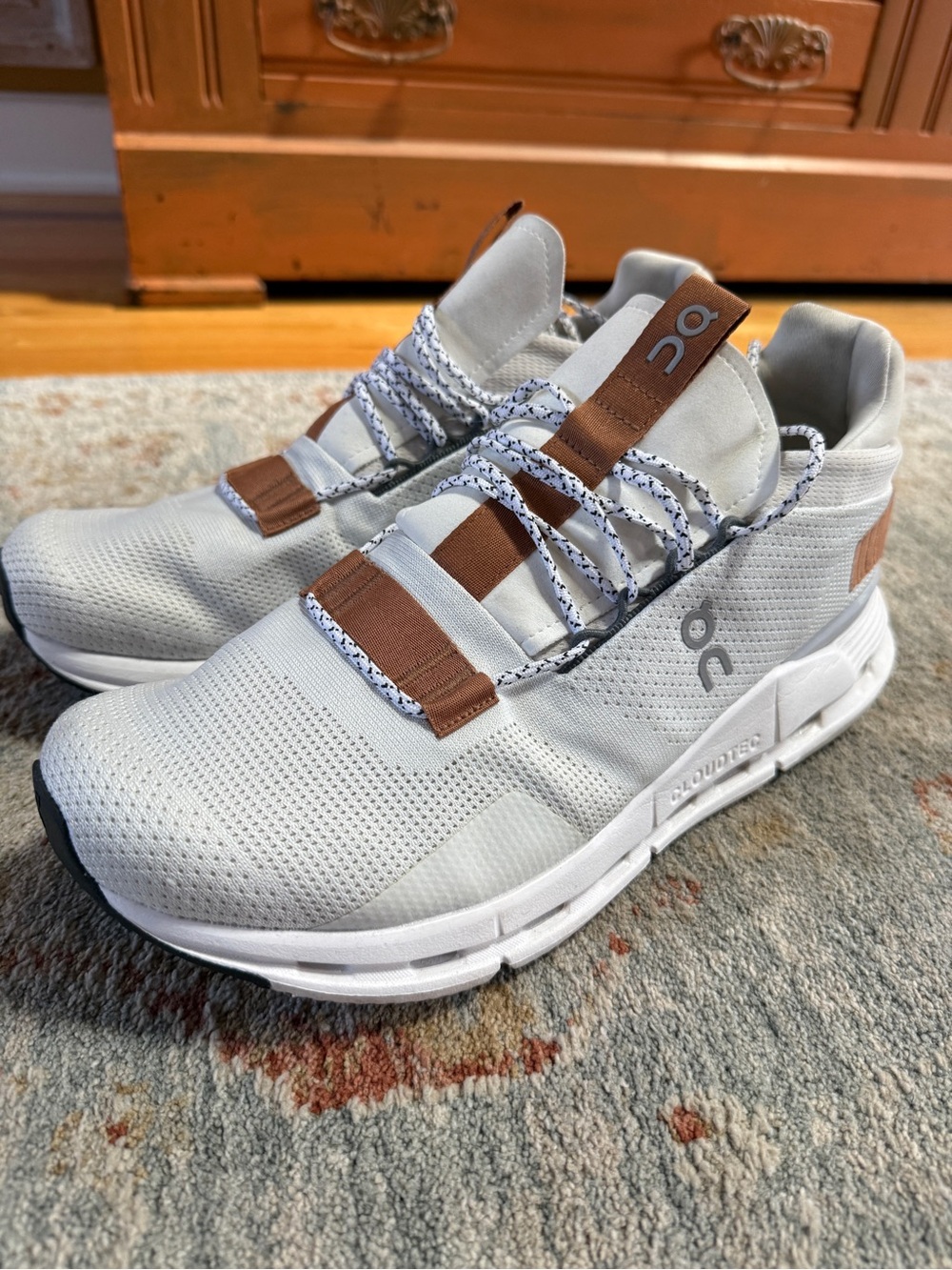 On Running Men's Athletic Sneakers in White with Brown Accents - Picture 2 of 5